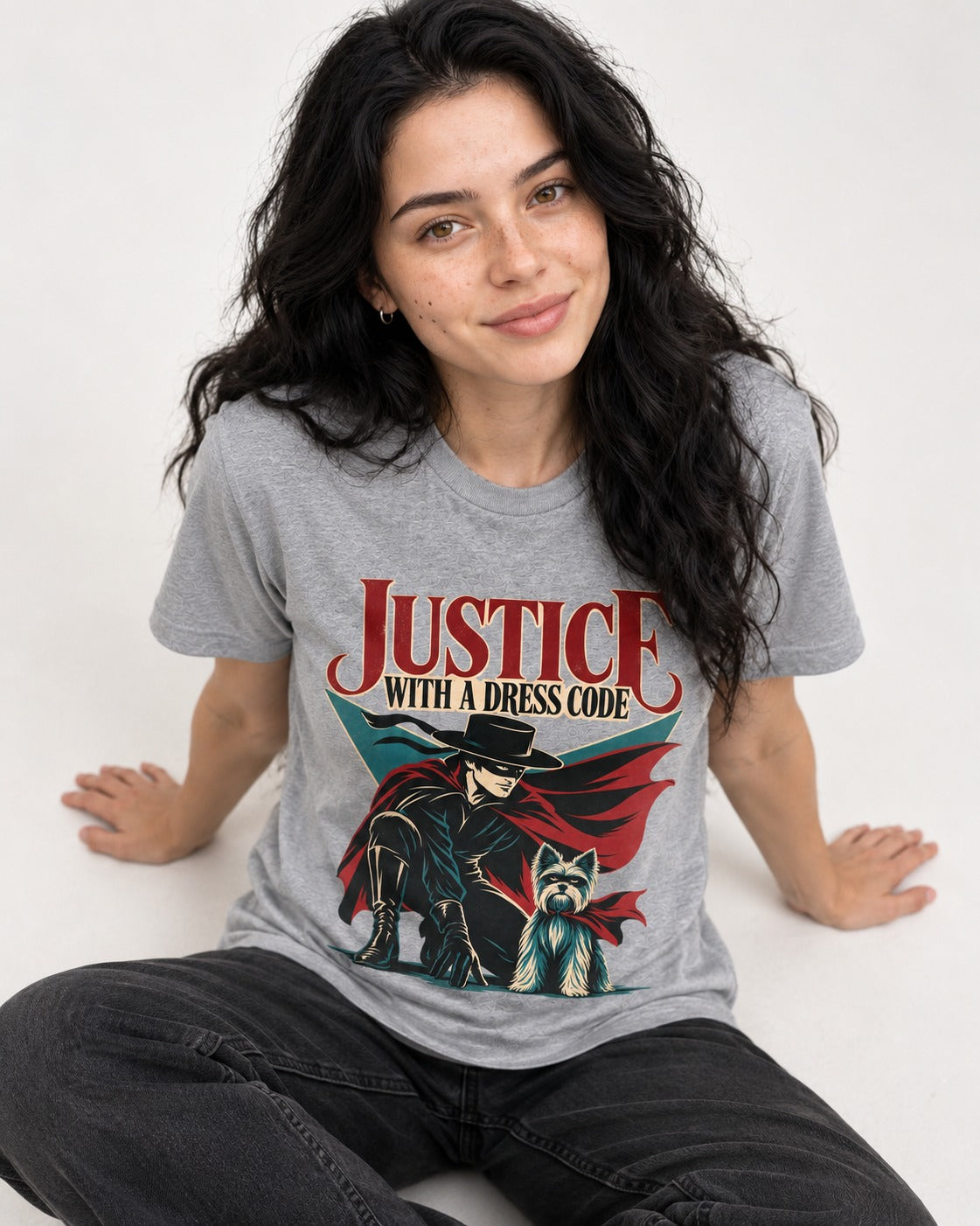 Yorkshire Terrier Dress Code Justice T-Shirt in Sport Grey, worn by a seated model