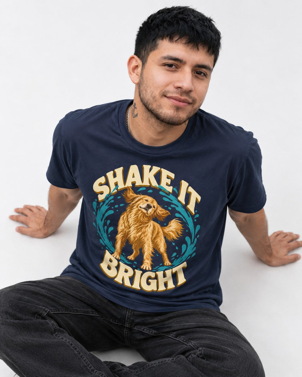 Golden Retriever Shake It Bright Water Ring Graphic T-Shirt in Navy, worn by a seated model