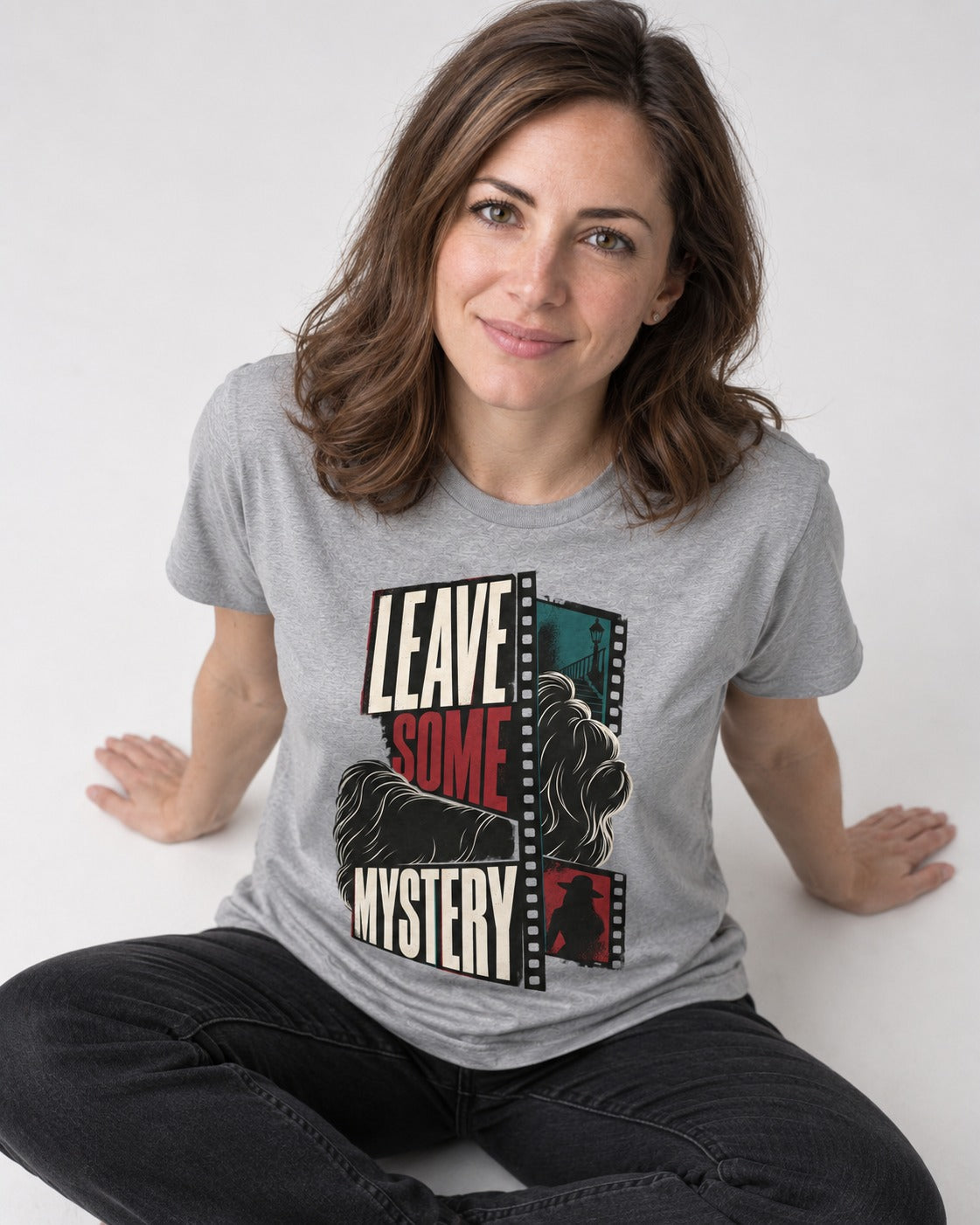 Leave Some Mystery Shih Tzu T-Shirt in Sport Grey, worn by a seated model