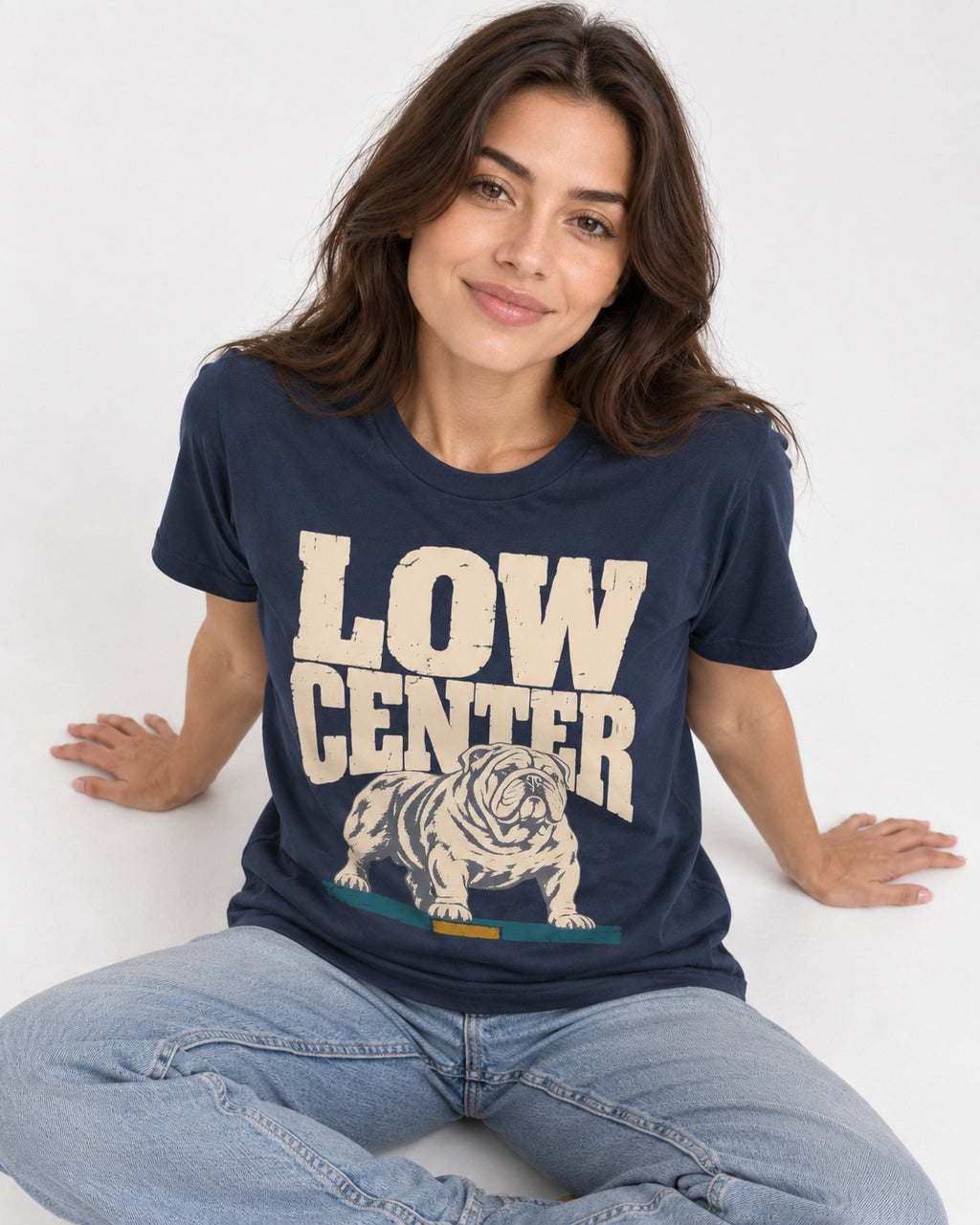 English Bulldog Low Center Stance Graphic T-Shirt in Navy, worn by a seated model