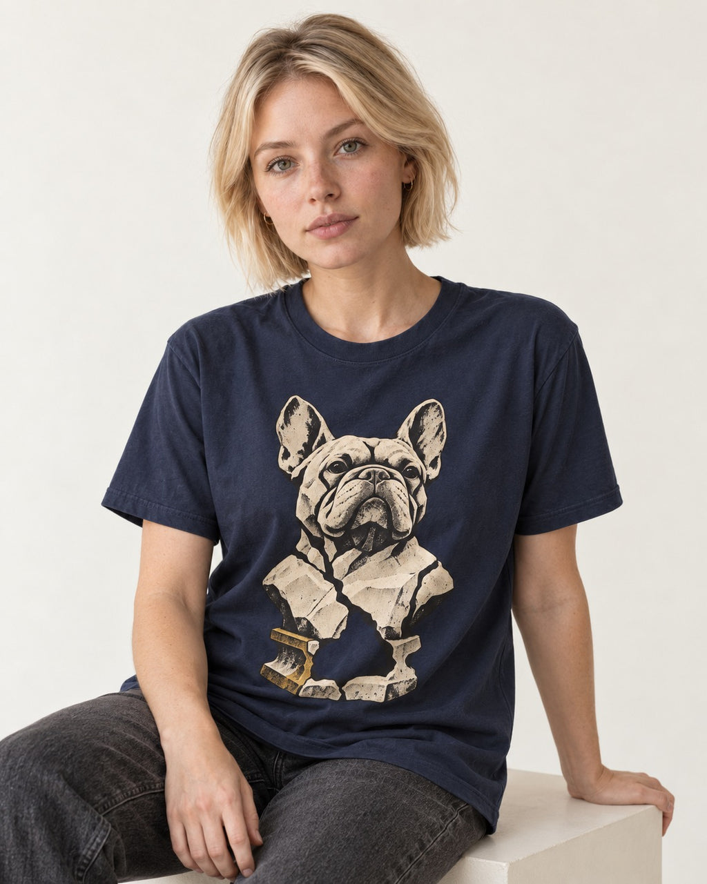 Frenchie Fractured Stone Bust Graphic T-Shirt in Navy, worn by a seated model