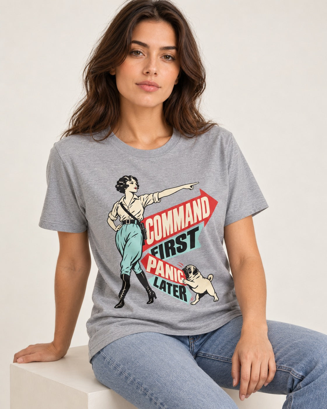 Pug Command First Panic Later Directional Graphic T-Shirt in Sport Grey, worn by a seated model