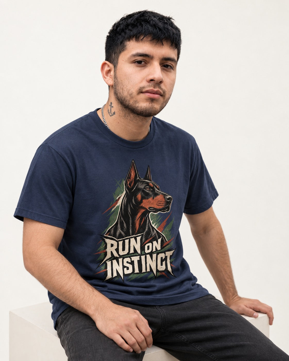 Doberman Run on Instinct Brush Slash Graphic T-Shirt in Navy, worn by a seated model