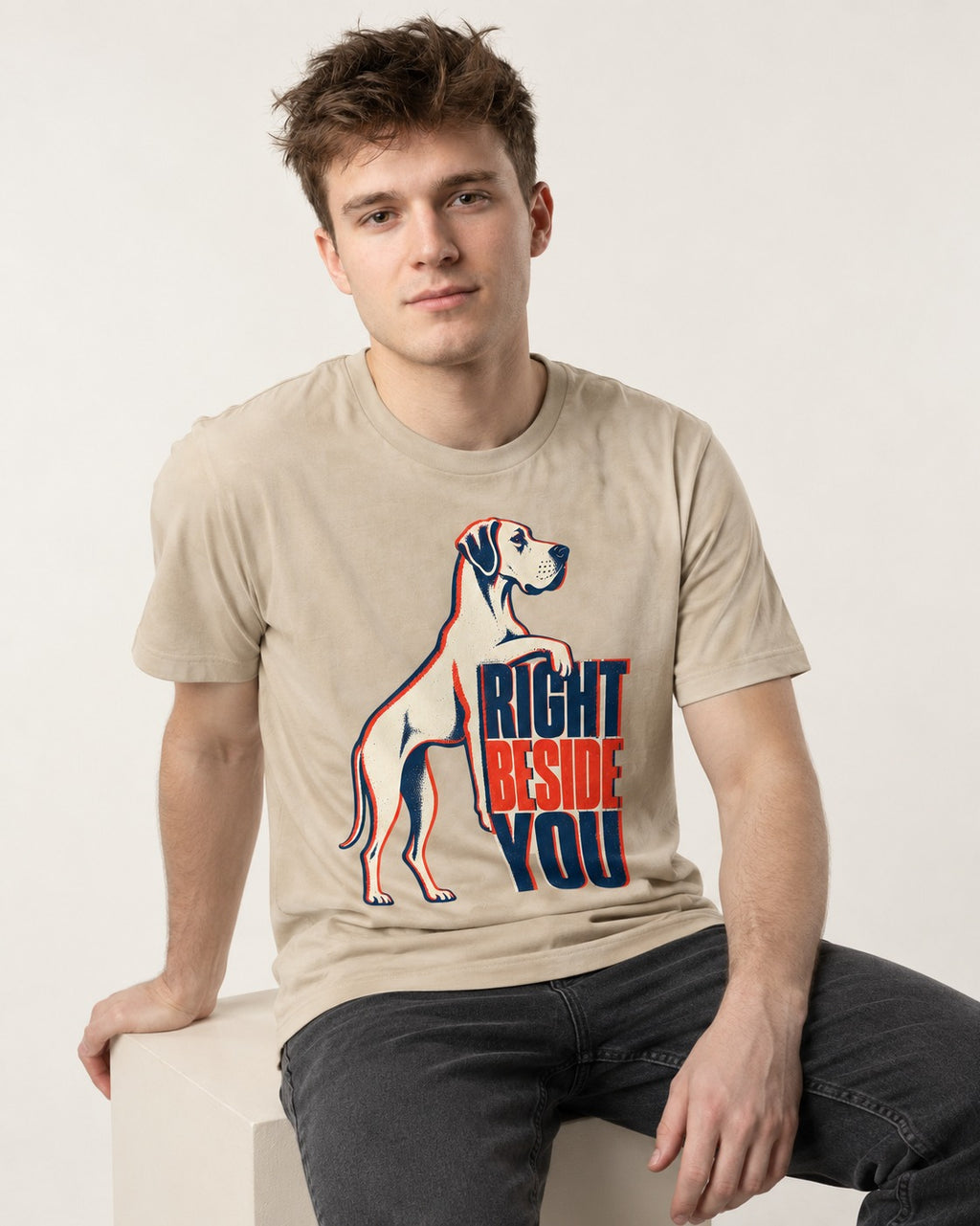 Great Dane Right Beside You T-Shirt in Sand, worn by a seated model