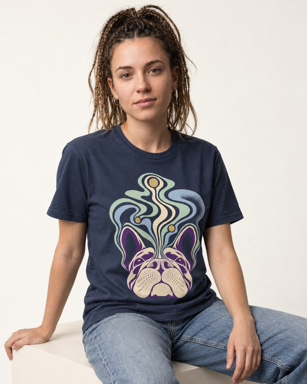 Frenchie Scent Cartography Vapor Route Graphic T-Shirt in Navy, worn by a seated model
