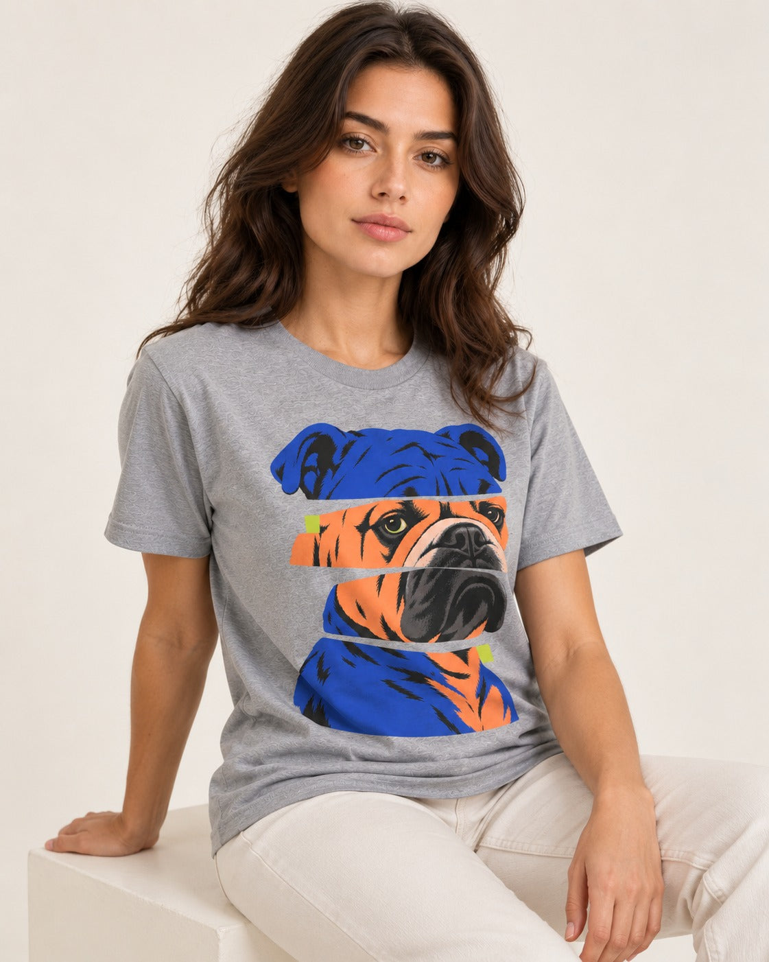 English Bulldog Unbreakable T-Shirt in Sport Grey, worn by a seated model