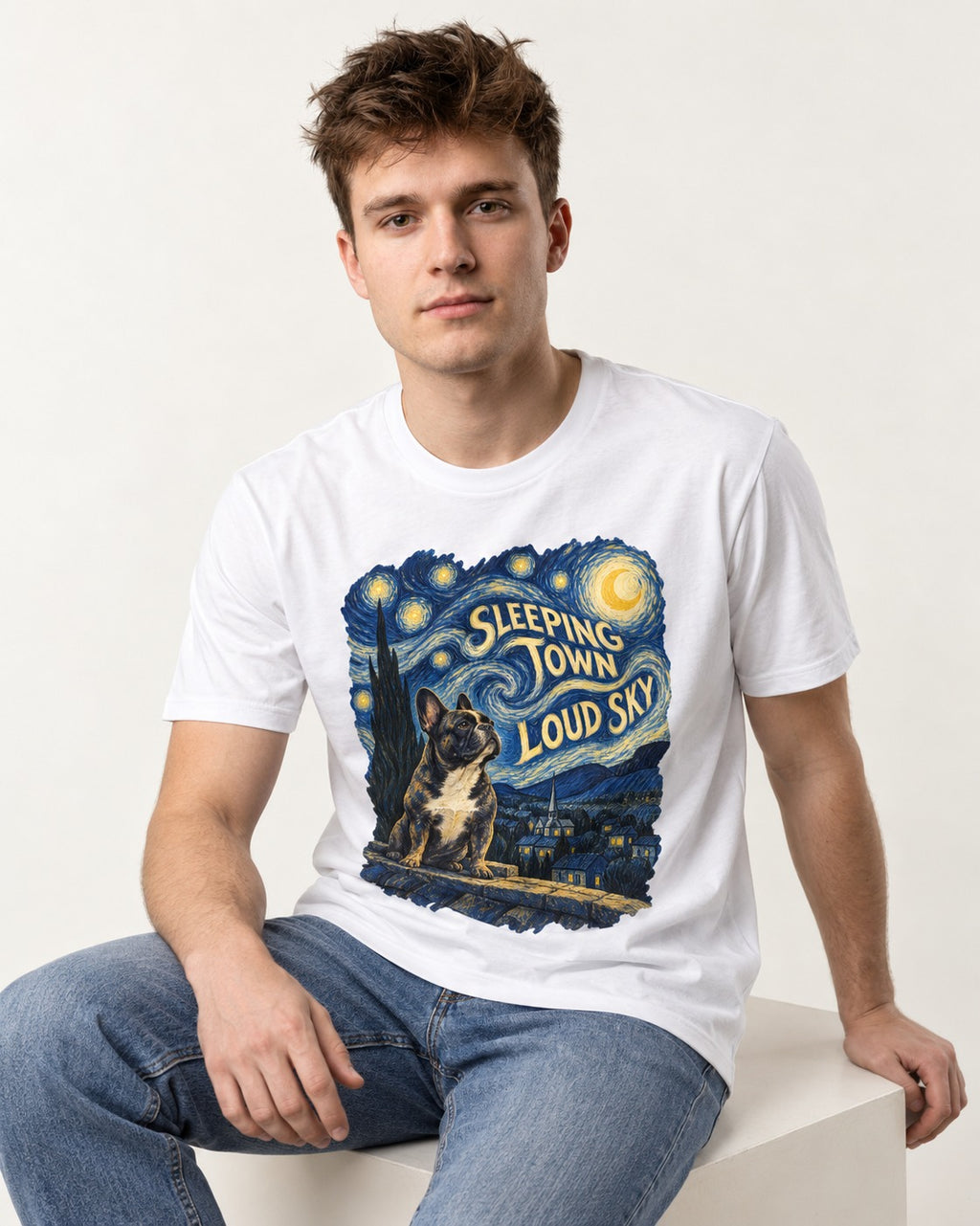 Frenchie Sleeping Town Loud Sky Rooftop Graphic T-Shirt in White, worn by a seated model