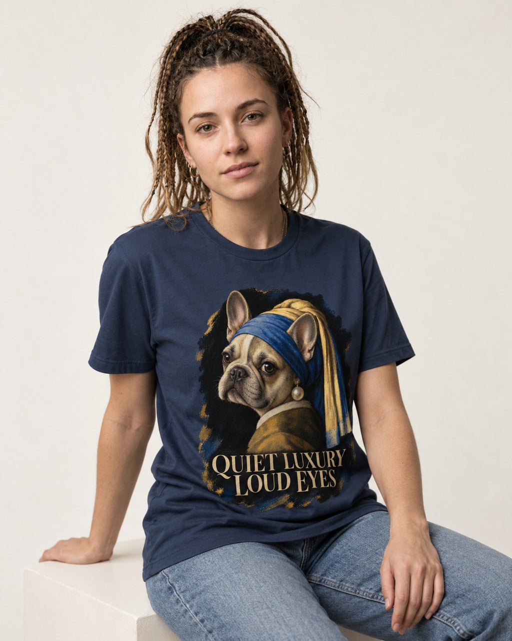 Frenchie Quiet Luxury Loud Eyes Pearl Portrait Graphic T-Shirt in Navy, worn by a seated model