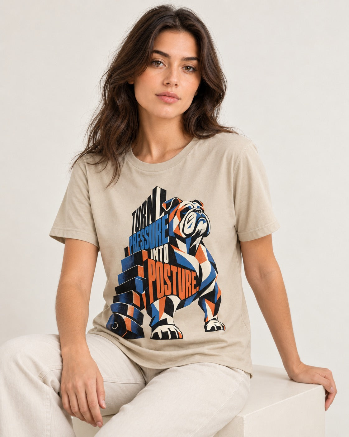 Turn Pressure Into Posture English Bulldog T-Shirt in Sand, worn by a seated model