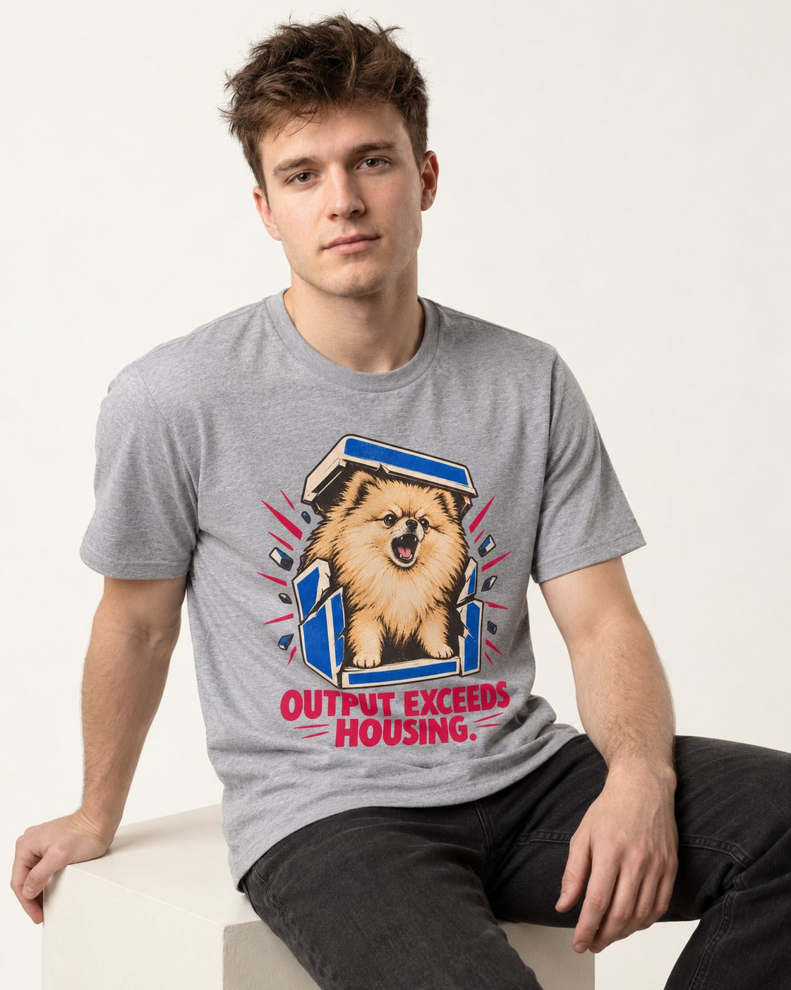 Pomeranian Output Exceeds Housing Bark Compression Graphic T-Shirt in Sport Grey, worn by a seated model