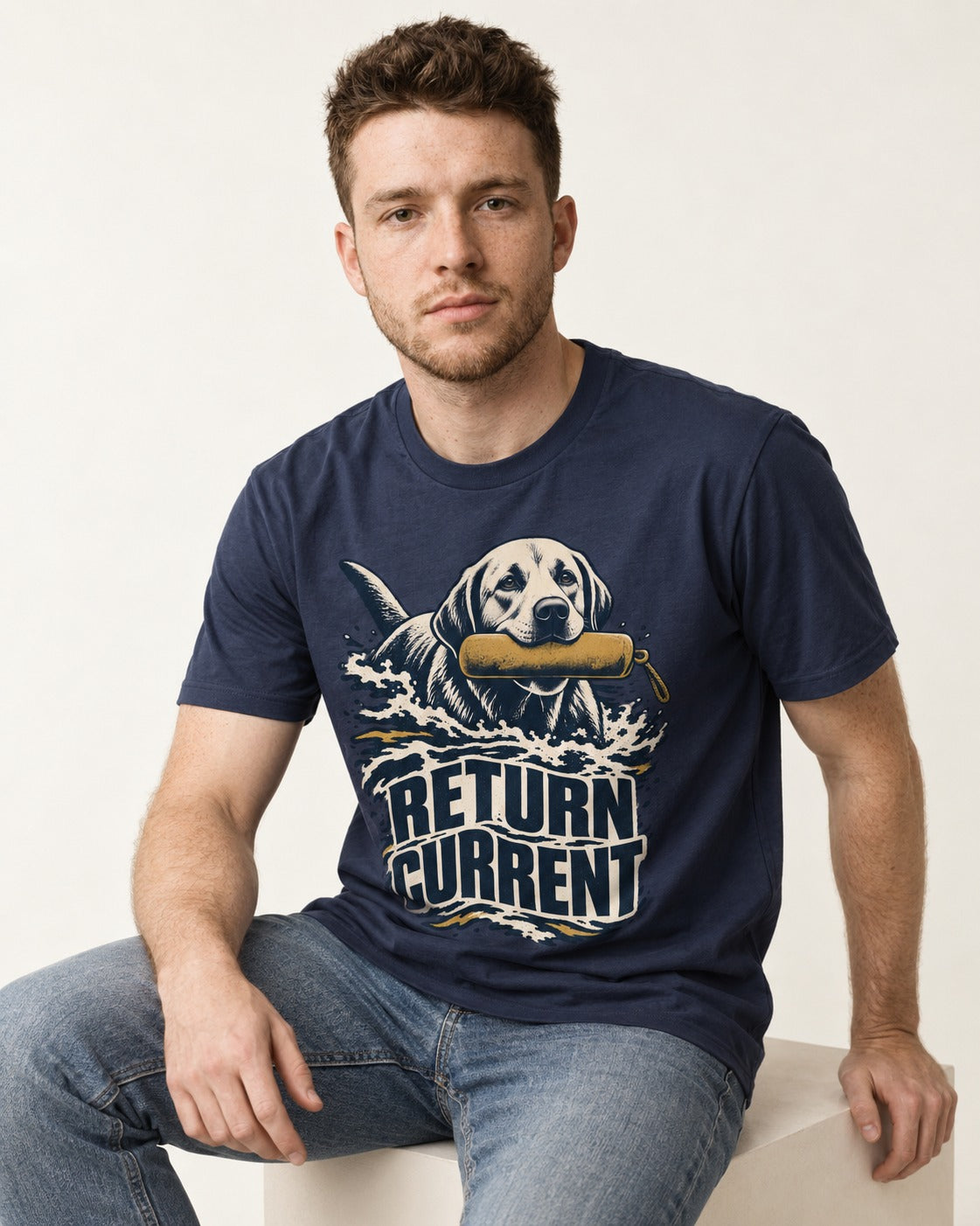Return Current Water Retrieve Labrador Retriever Graphic T-Shirt in Navy, worn by a seated model