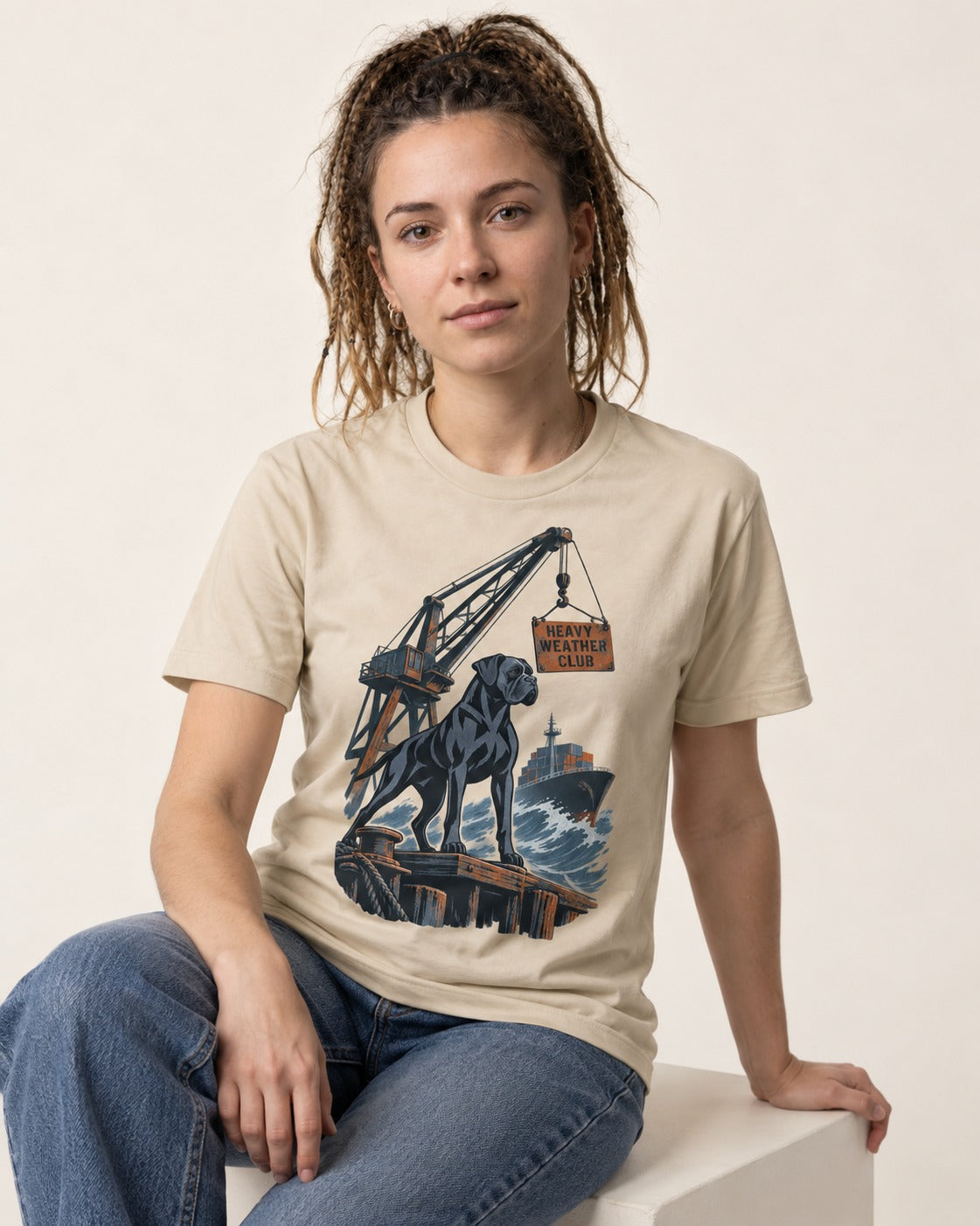 Boxer Heavy Weather Club T-Shirt in Sand, worn by a seated model