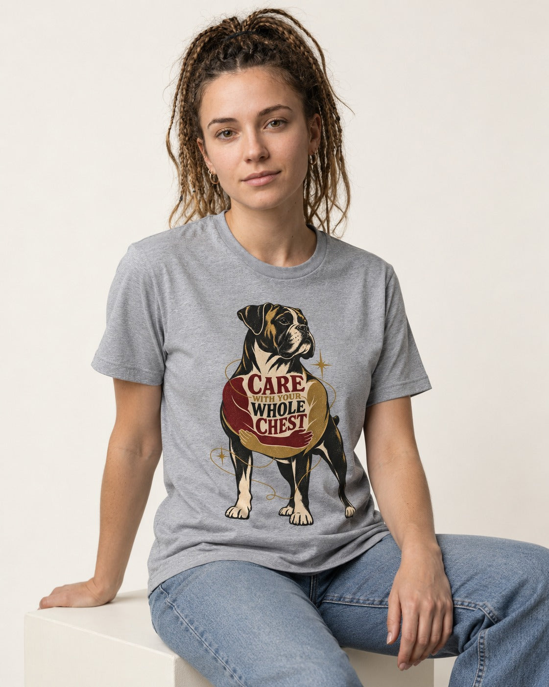 Boxer Care With Your Whole Chest T-Shirt in Sport Grey, worn by a seated model