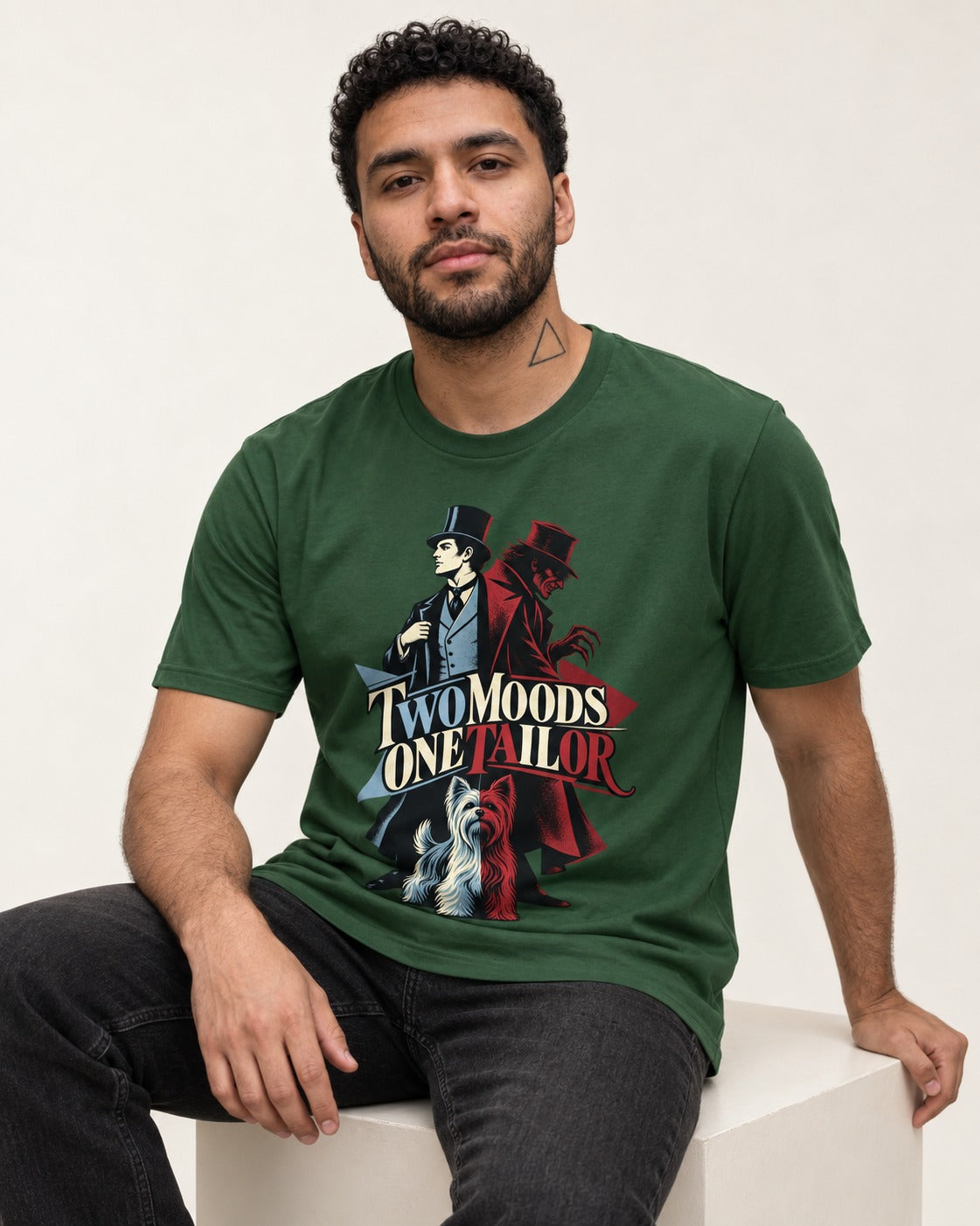 Yorkshire Terrier Two Moods One Tailor Split Persona Graphic T-Shirt in Forest Green, worn by a seated model