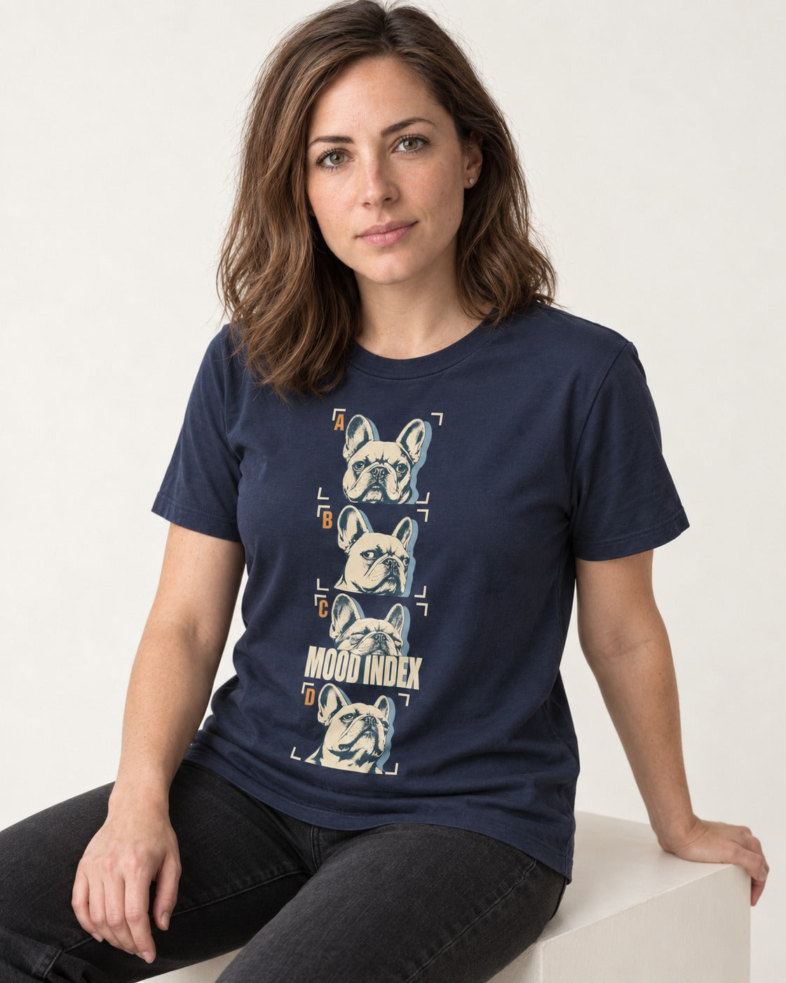 Frenchie Mood Index Four-Panel Strip Graphic T-Shirt in Navy, worn by a seated model