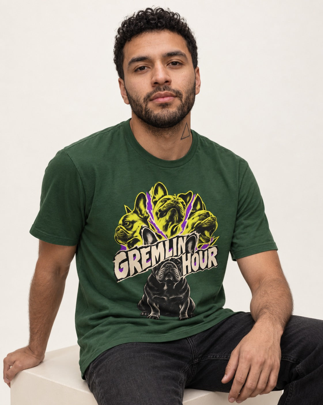 Frenchie Gremlin Hour Multi Portrait Graphic T-Shirt in Forest Green, worn by a seated model