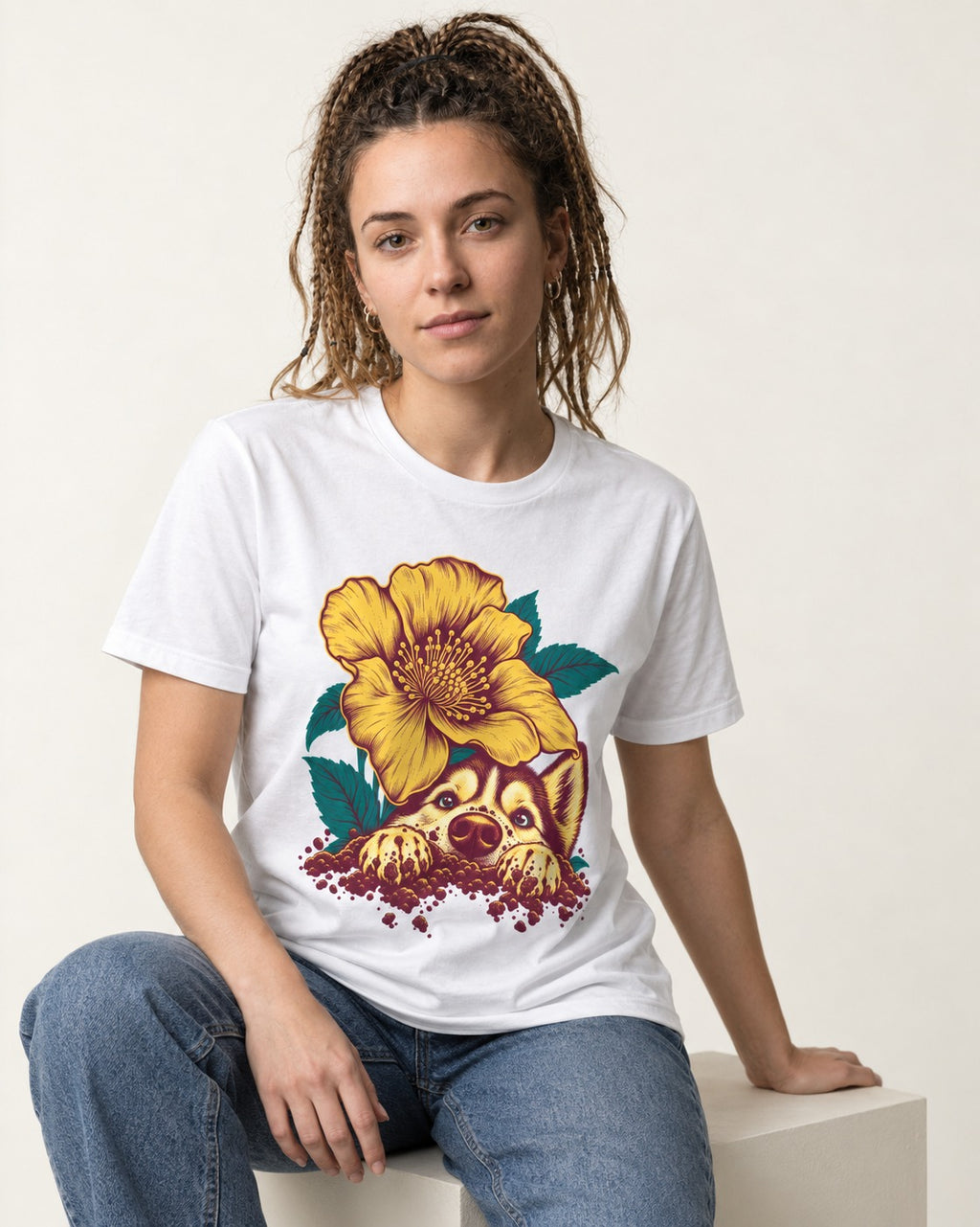 Husky Flower Witness Peeking Floral Graphic T-Shirt in White, worn by a seated model