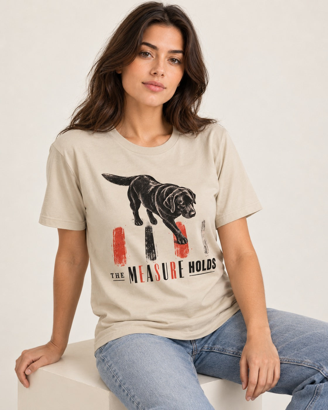 Labrador Retriever The Measure Holds T-Shirt in Sand, worn by a seated model