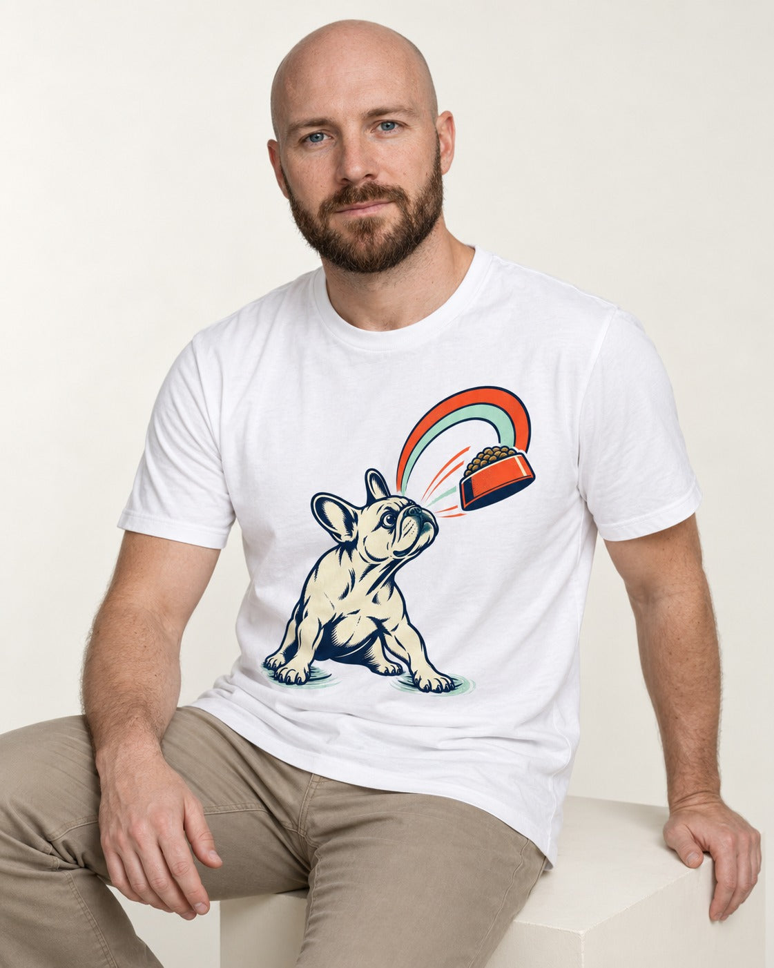 Frenchie Dinner Magnet Graphic T-Shirt in White, worn by a seated model