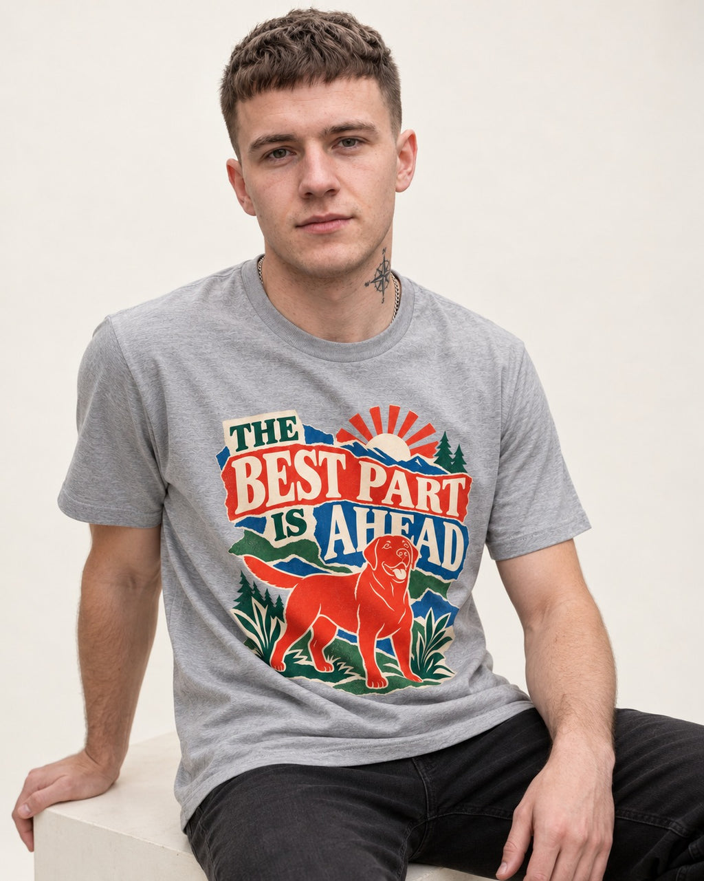 Labrador Retriever The Best Part Is Ahead Outdoor Graphic T-Shirt in Sport Grey, worn by a seated model