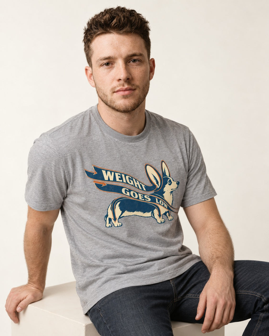 Corgi Weight Goes Low Ribbon Arrow Graphic T-Shirt in Sport Grey, worn by a seated model
