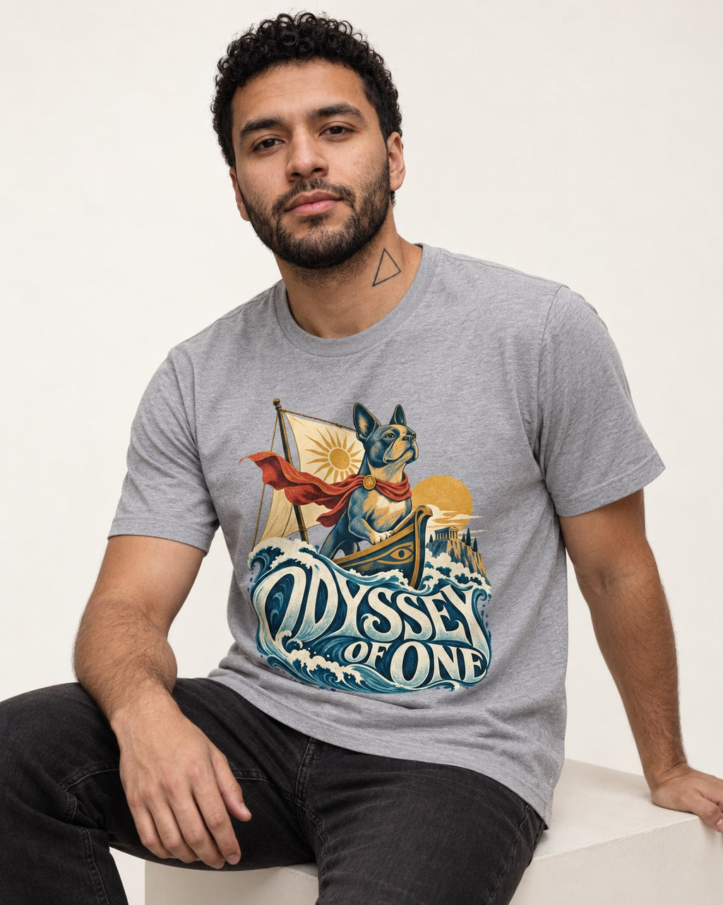 Boston Terrier Odyssey of One T-Shirt in Sport Grey, worn by a seated model