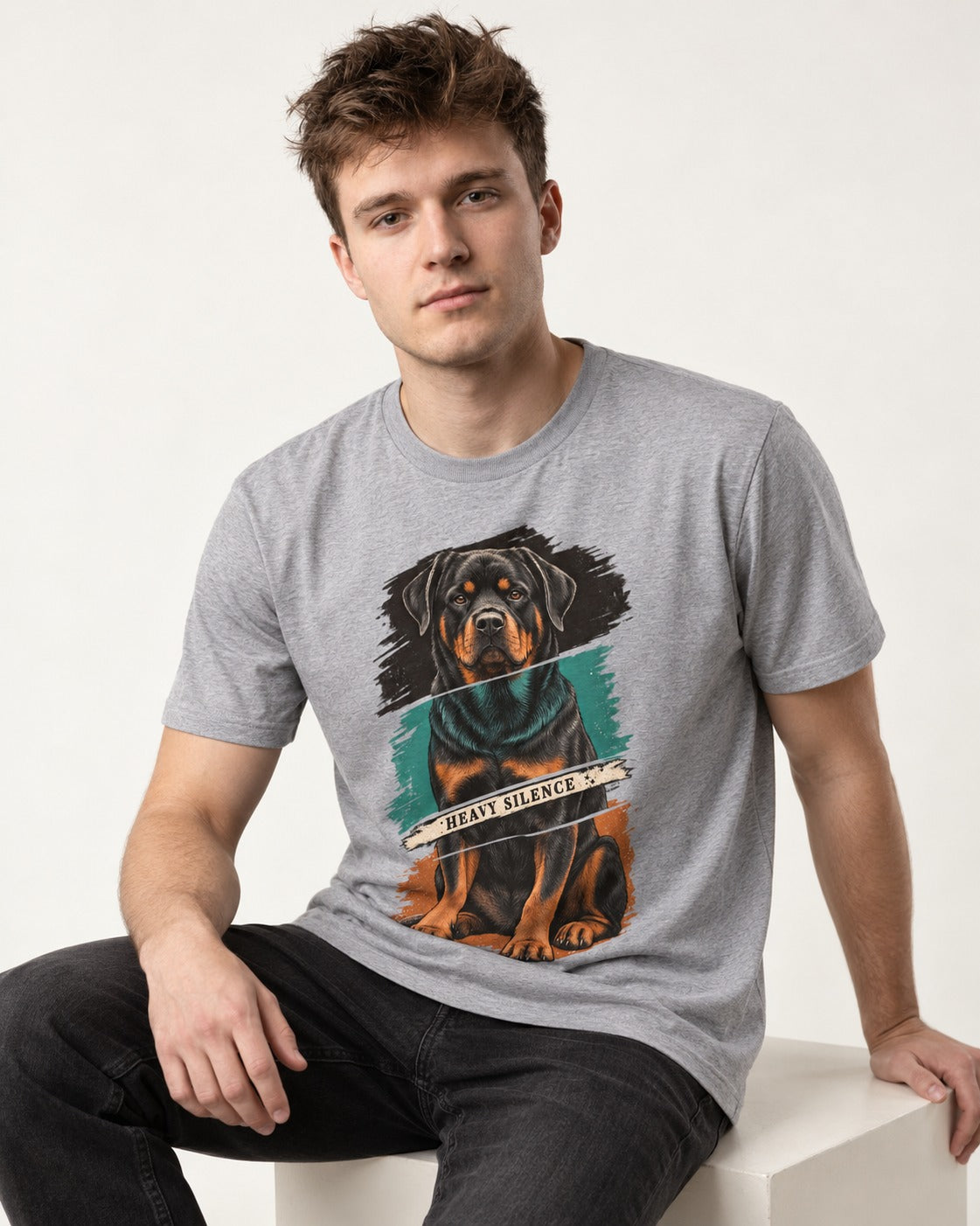 Rottweiler Heavy Silence Brushstroke Portrait Graphic T-Shirt in Sport Grey, worn by a seated model