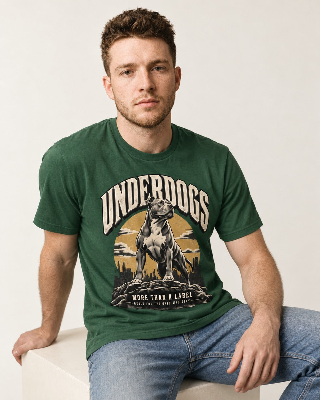 Pitbull Underdogs City Monument Graphic T-Shirt in Forest Green, worn by a seated model