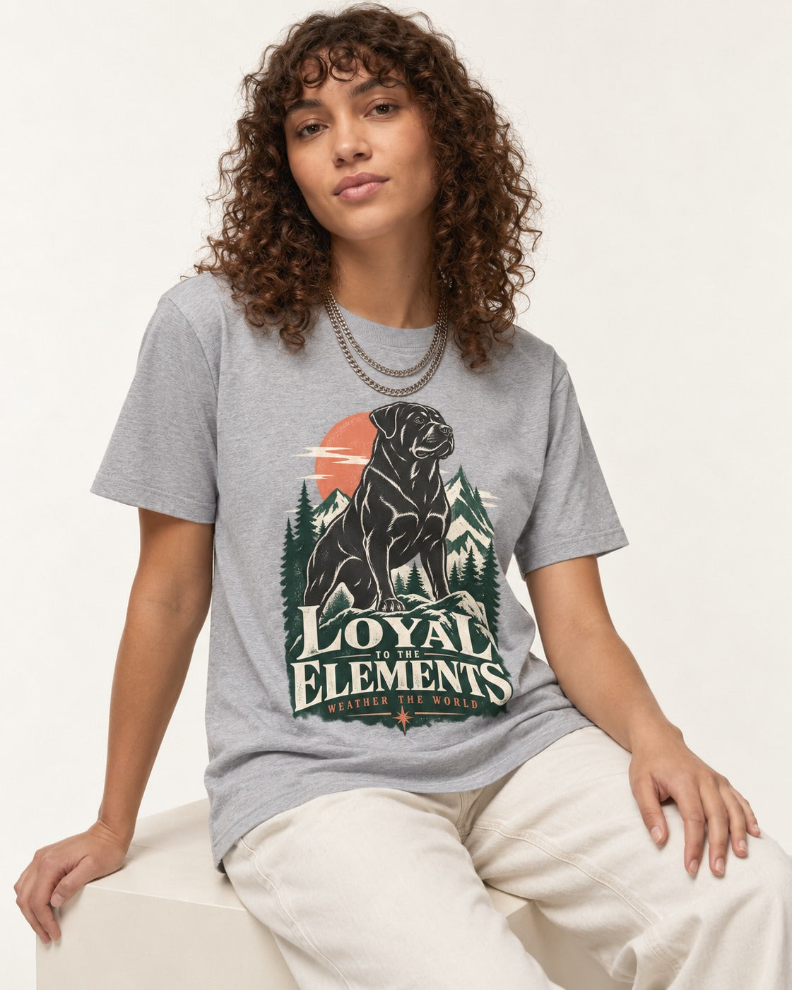 Rottweiler Loyal to the Elements T-Shirt in Sport Grey, worn by a seated model