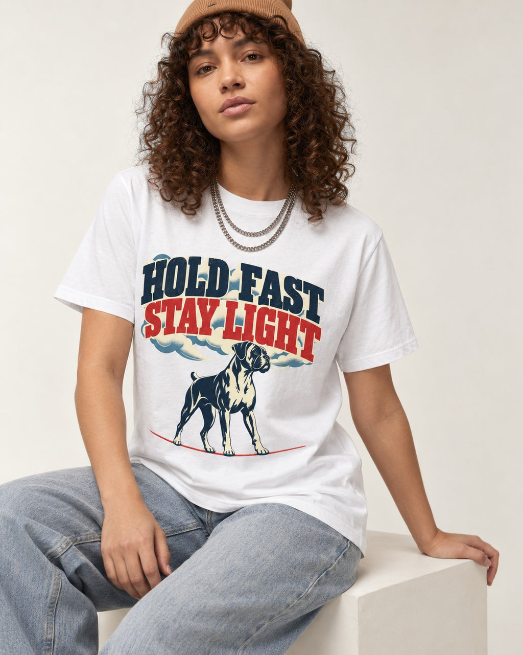 Hold Fast Stay Light Boxer Cloud Graphic T-Shirt in White, worn by a seated model