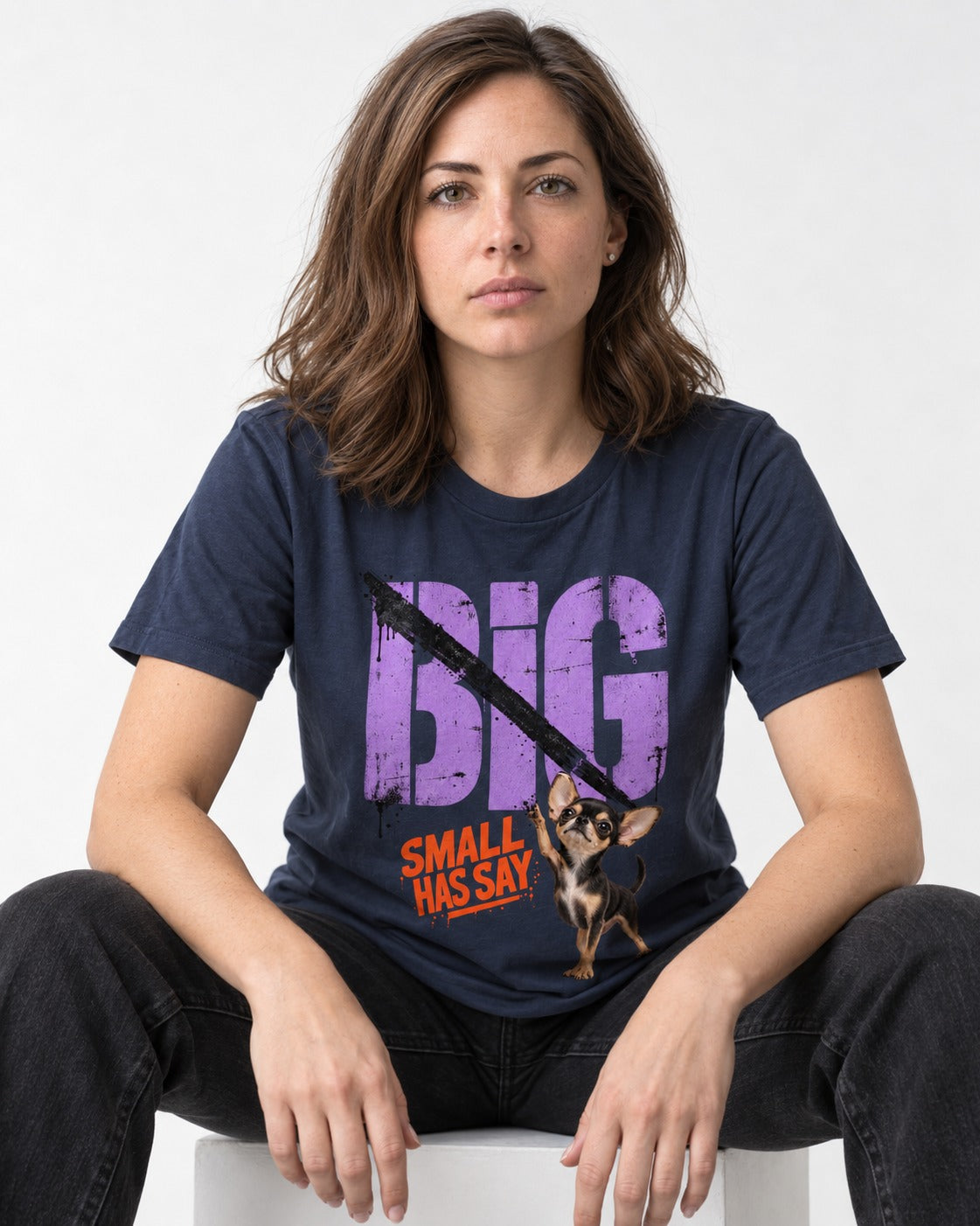 Chihuahua Big Small Has Say Diagonal Slash Graphic T-Shirt in Navy, worn by a seated model