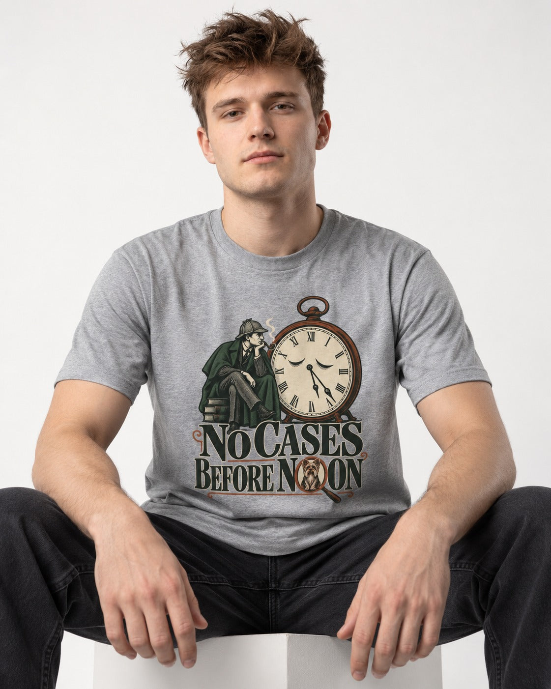 No Cases Before Noon Yorkshire Terrier T-Shirt in Sport Grey, worn by a seated model