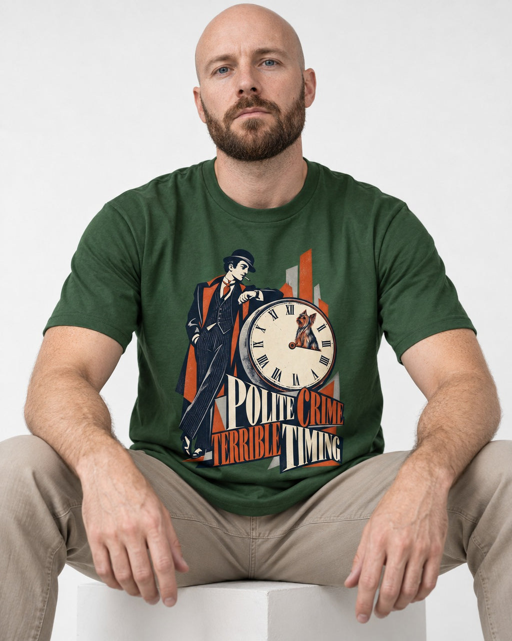 Yorkshire Terrier Polite Crime Terrible Timing Art Deco Clock Graphic T-Shirt in Forest Green, worn by a seated model