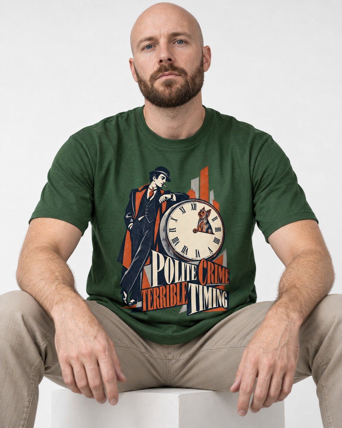 Yorkshire Terrier Polite Crime Terrible Timing Art Deco Clock Graphic T-Shirt in Forest Green, worn by a seated model