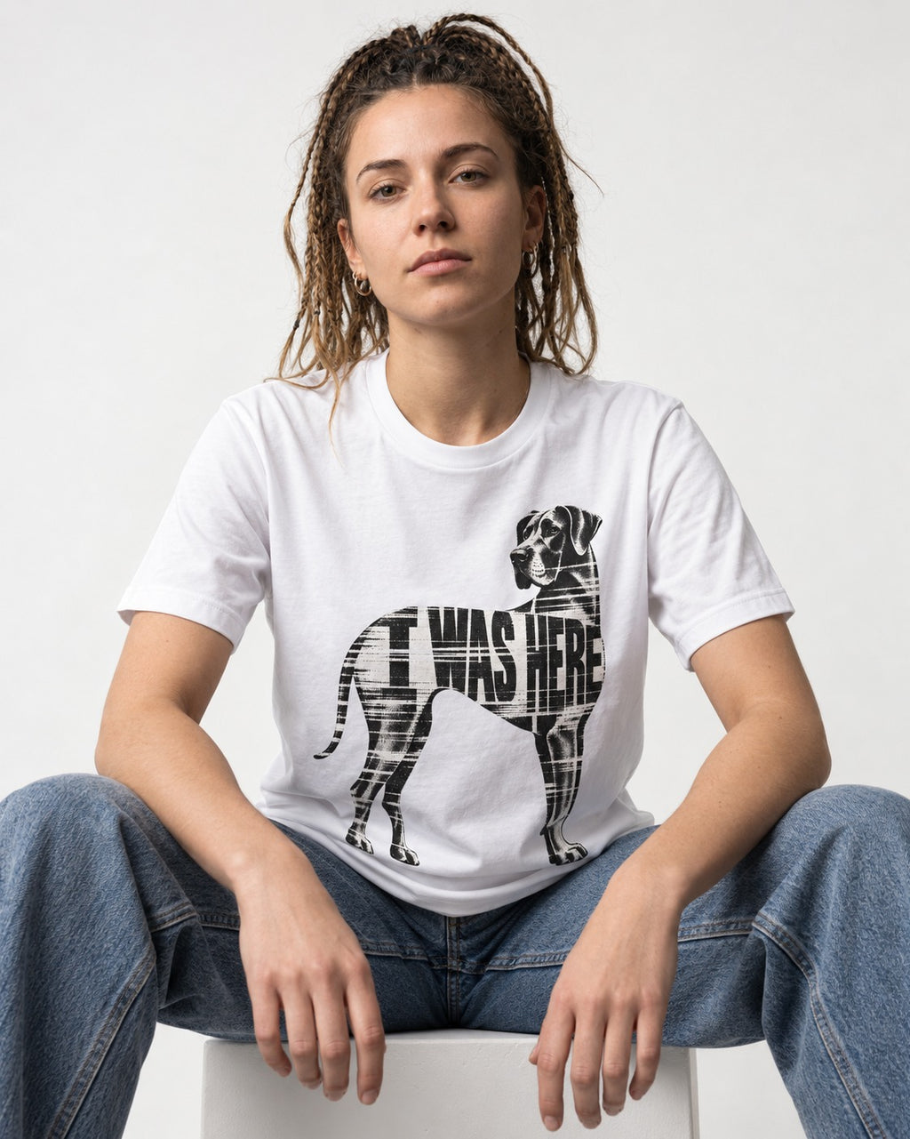 Great Dane I Was Here Plaid Silhouette Graphic T-Shirt in White, worn by a seated model