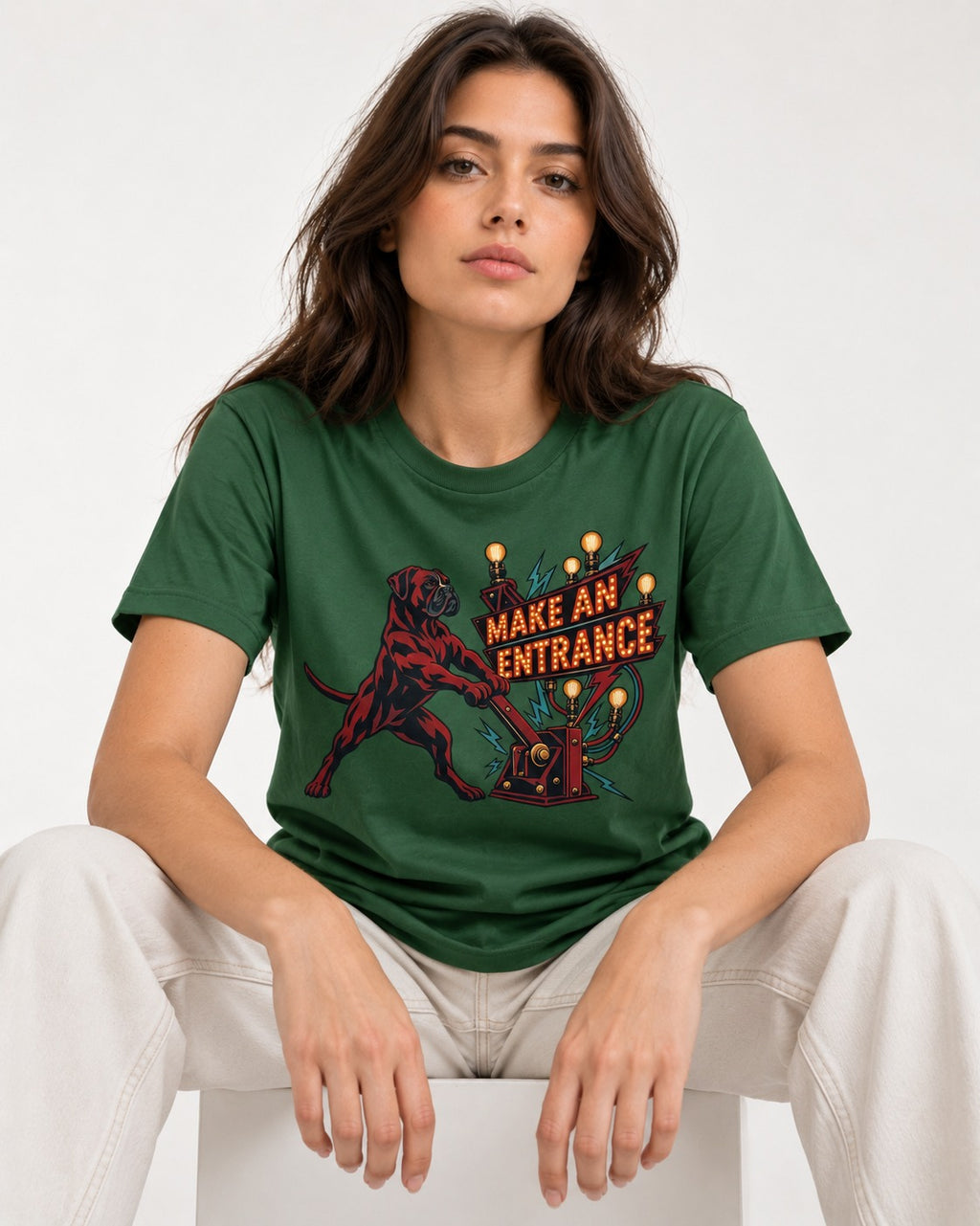 Boxer Make an Entrance T-Shirt in Forest Green, worn by a seated model