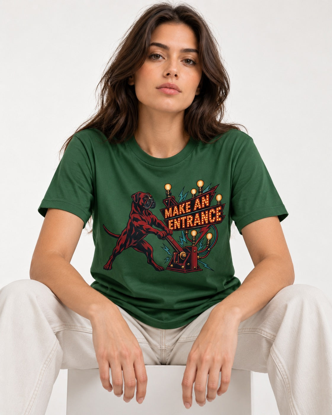 Boxer Make an Entrance T-Shirt in Forest Green, worn by a seated model