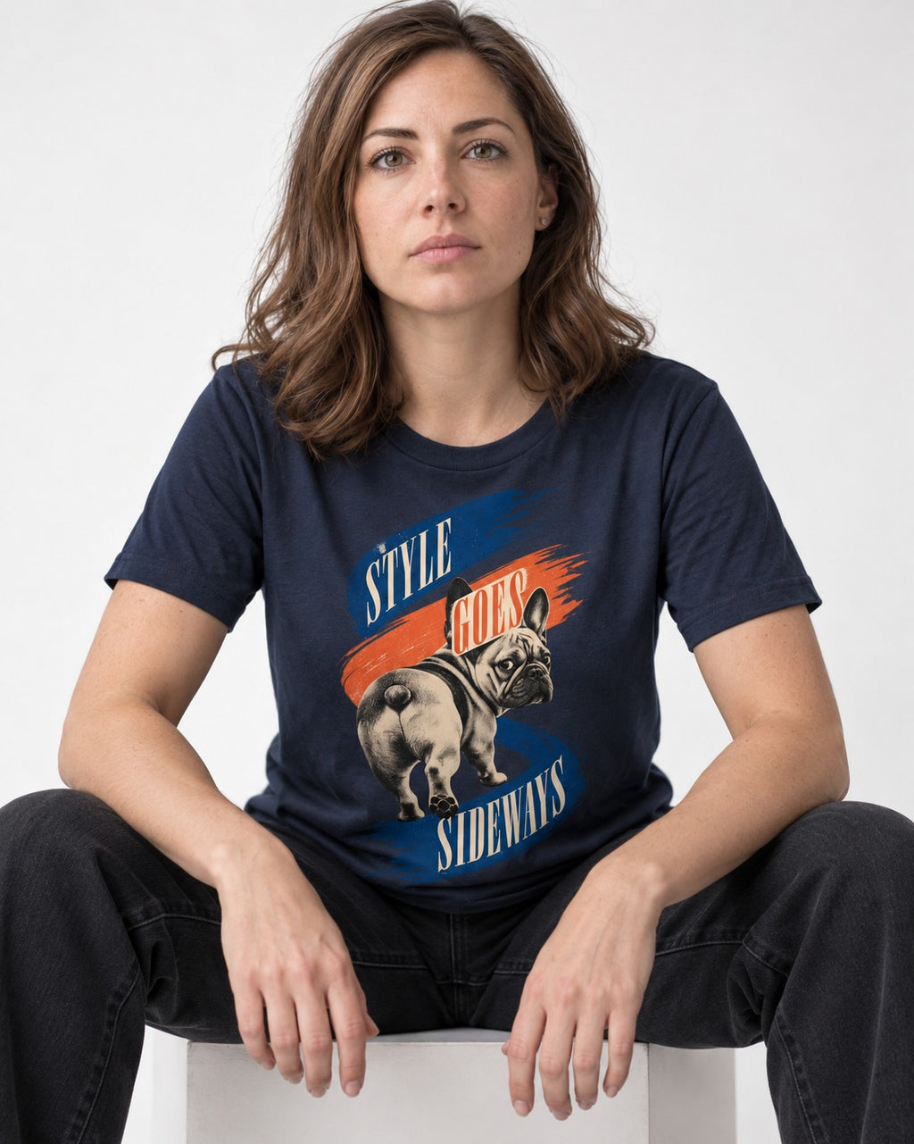 Frenchie Style Goes Sideways Graphic T-Shirt in Navy, worn by a seated model