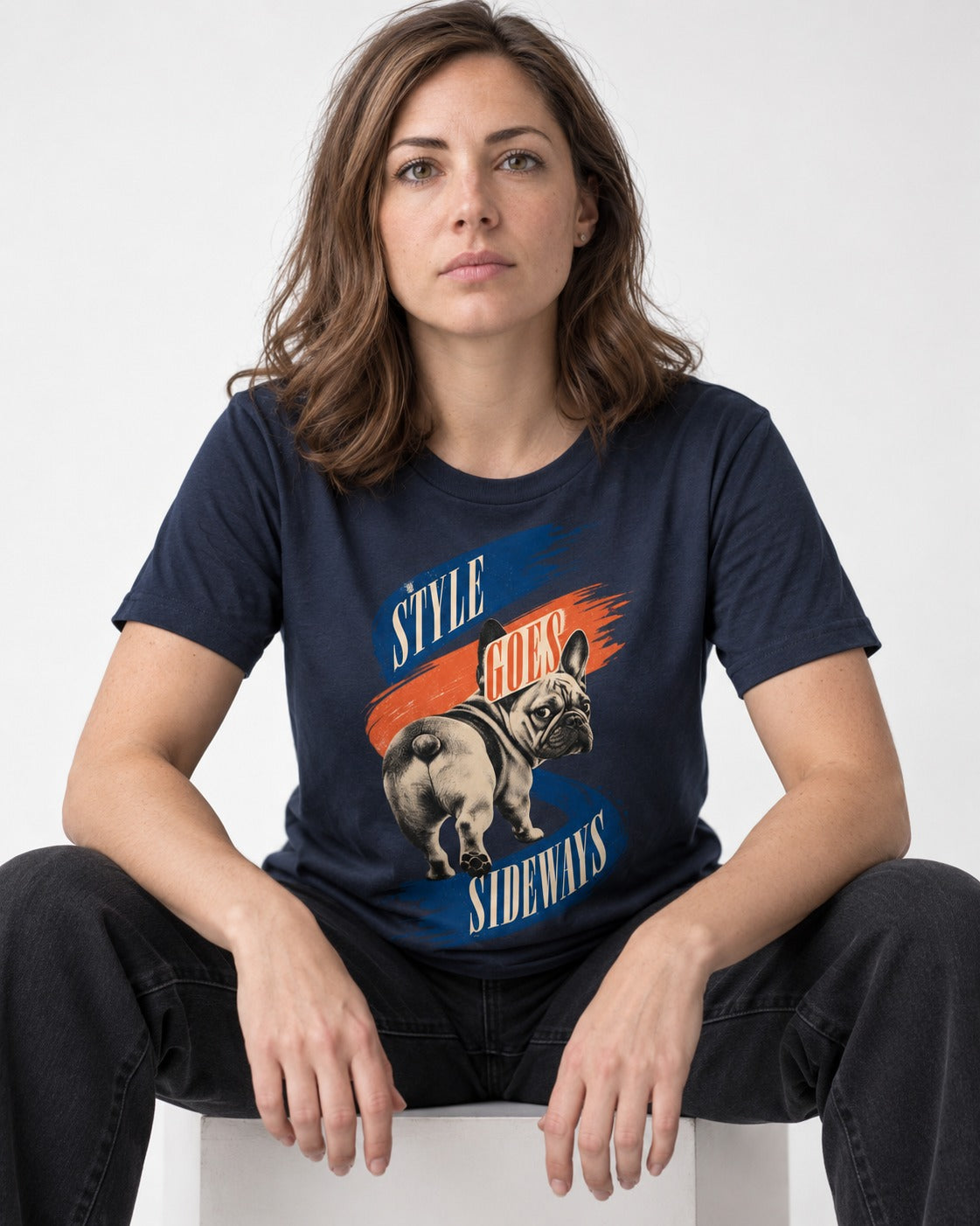 Frenchie Style Goes Sideways Graphic T-Shirt in Navy, worn by a seated model
