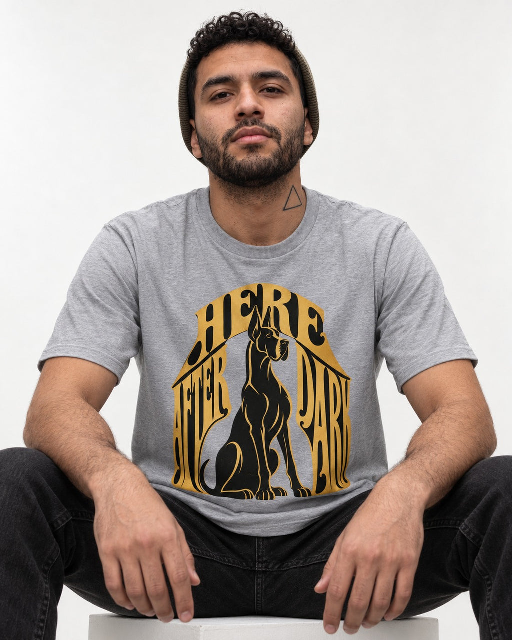 Great Dane Here After Dark T-Shirt in Sport Grey, worn by a seated model