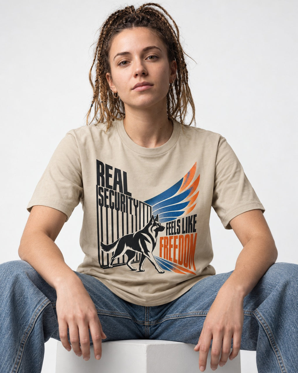German Shepherd Dog Feels Like Freedom T-Shirt in Sand, worn by a seated model