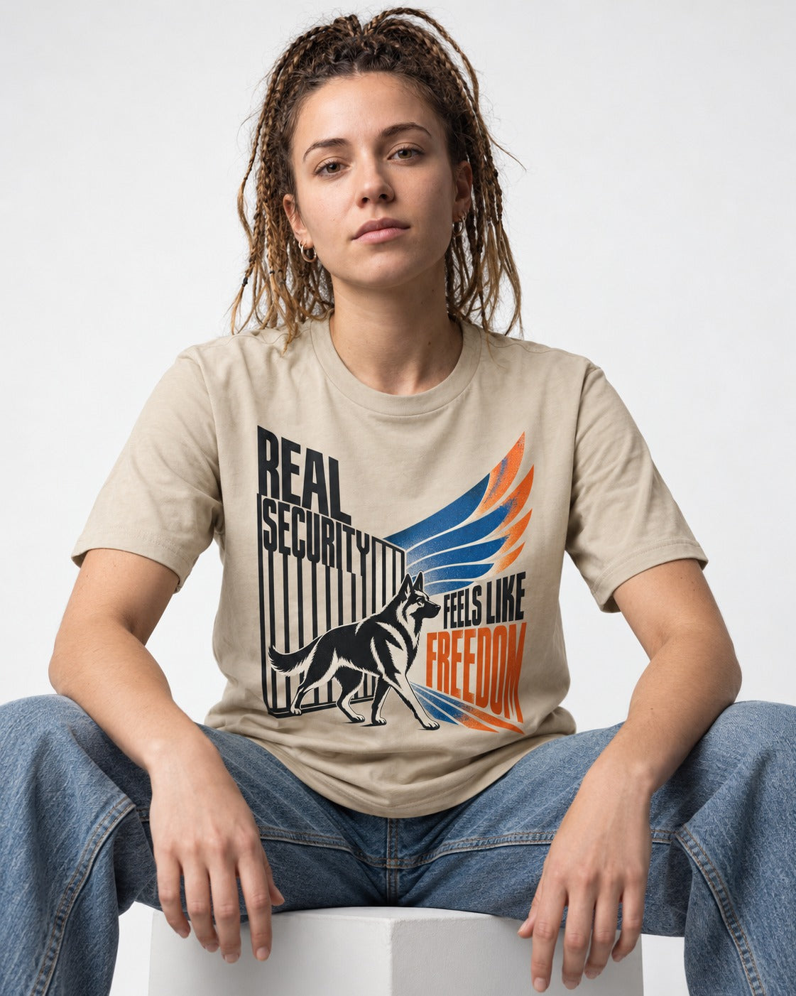 German Shepherd Dog Feels Like Freedom T-Shirt in Sand, worn by a seated model