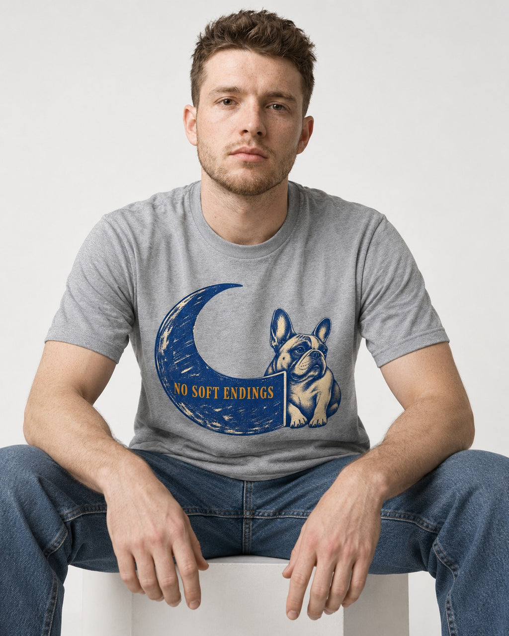 Frenchie No Soft Endings Crescent Graphic T-Shirt in Sport Grey, worn by a seated model
