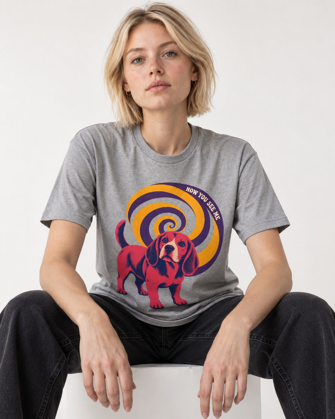 Now You See Me Beagle Spiral T-Shirt in Sport Grey, worn by a seated model