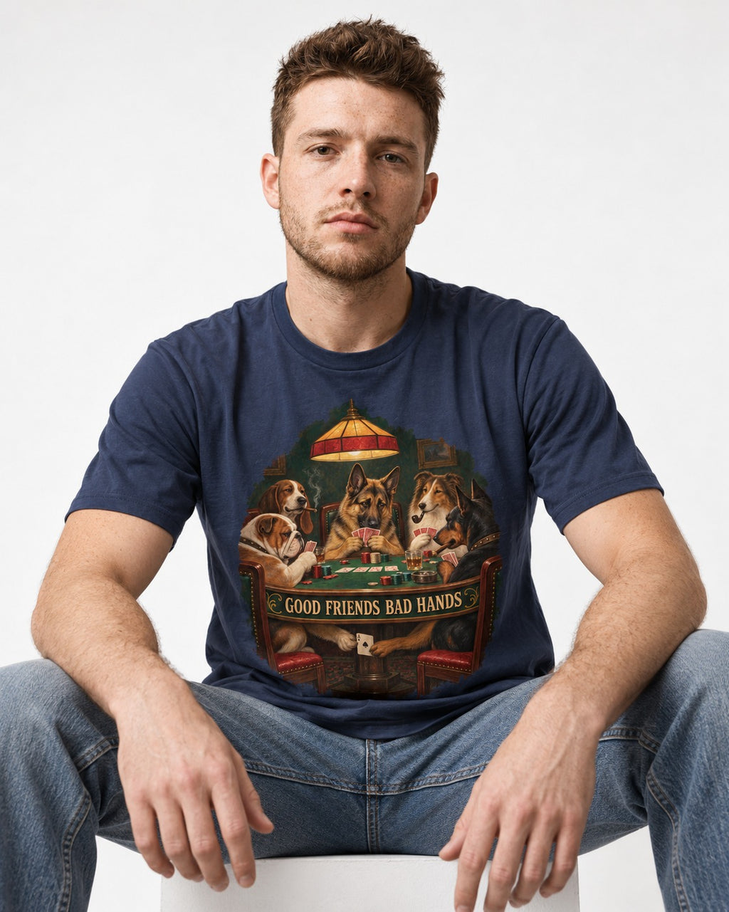 German Shepherd Dog Good Friends Bad Hands Poker Graphic T-Shirt in Navy, worn by a seated model
