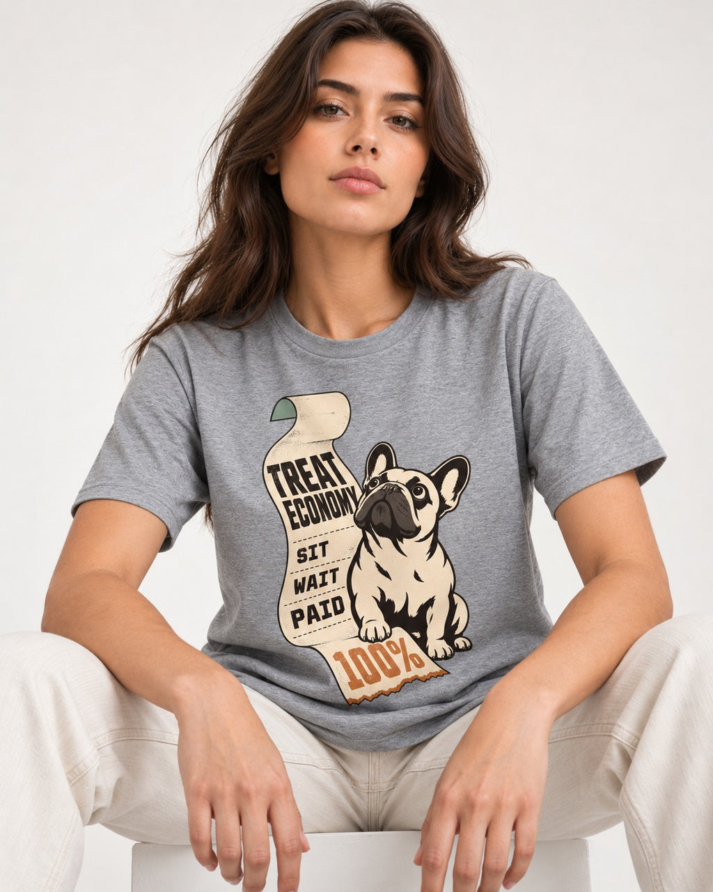 Frenchie Treat Economy Sit Wait Paid Receipt Graphic T-Shirt in Sport Grey, worn by a seated model
