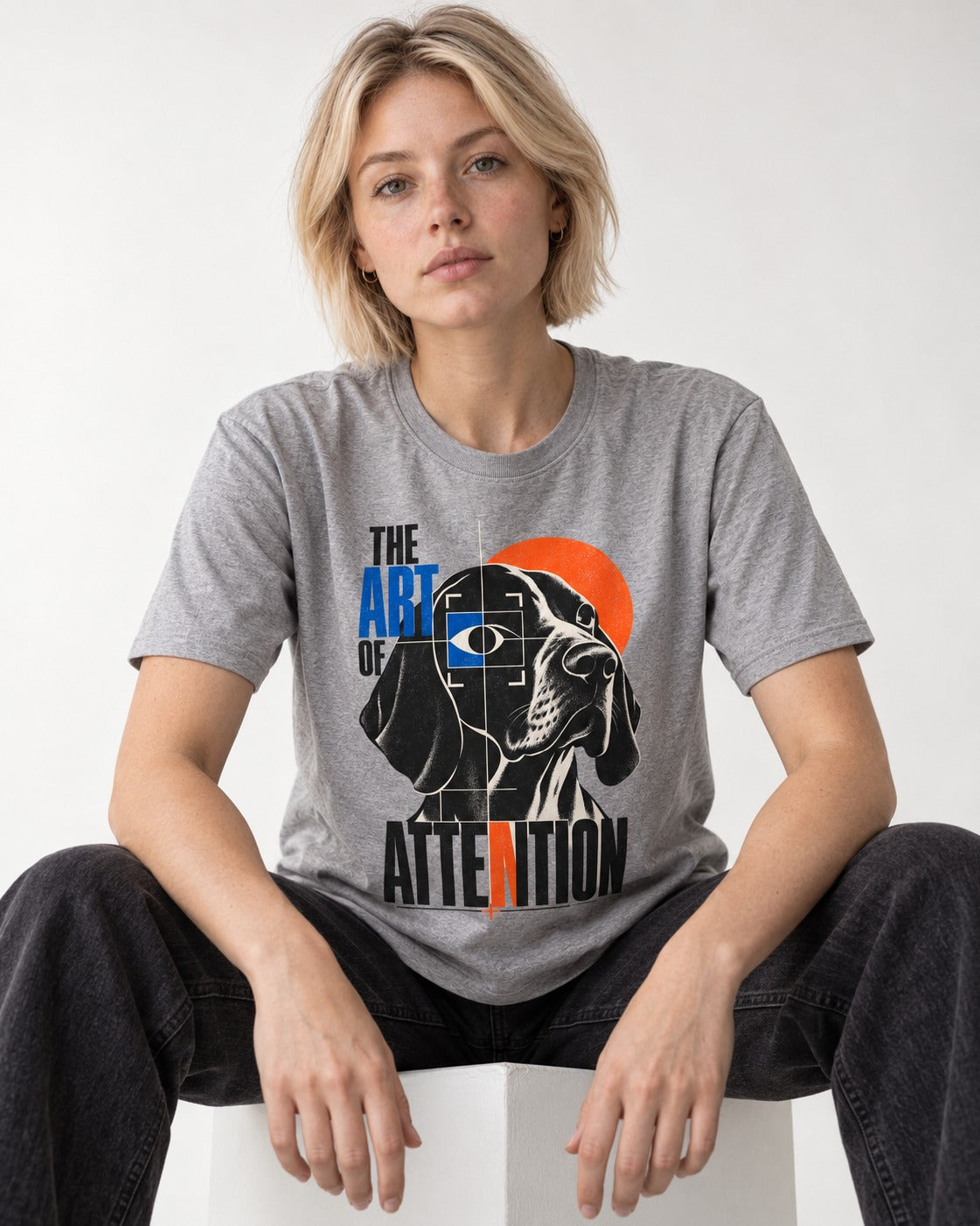 German Shorthaired Pointer Attention T-Shirt in Sport Grey, worn by a seated model