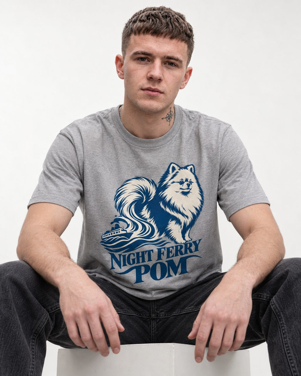 Night Ferry Pomeranian T-Shirt in Sport Grey, worn by a seated model
