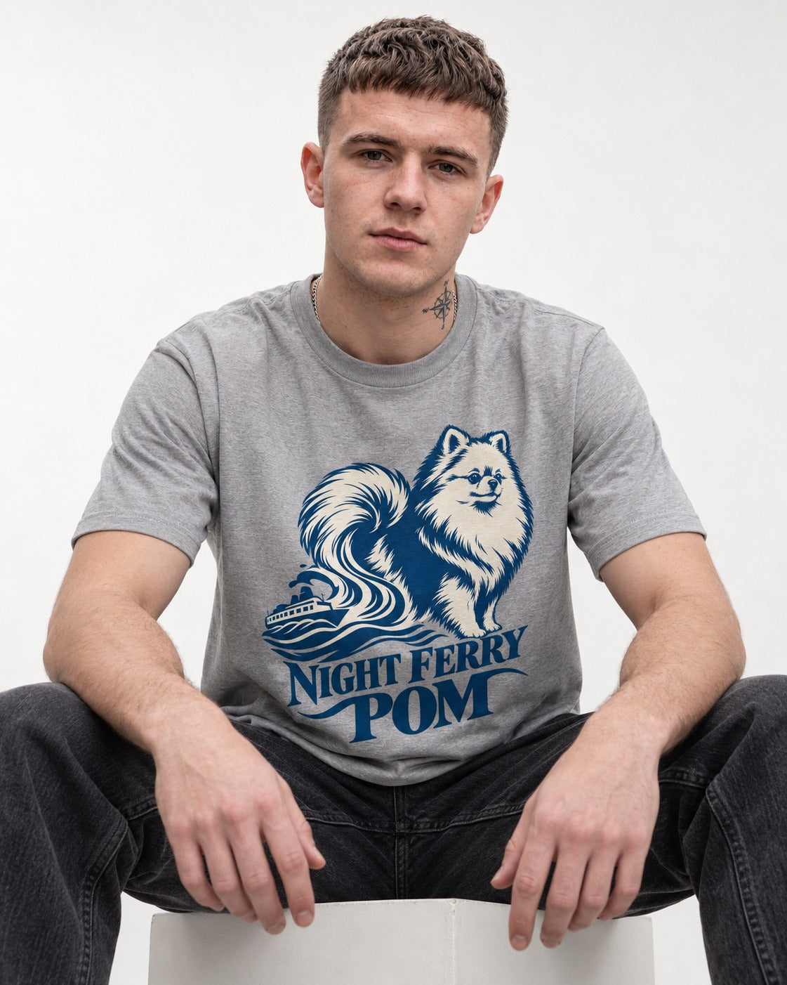 Night Ferry Pomeranian T-Shirt in Sport Grey, worn by a seated model