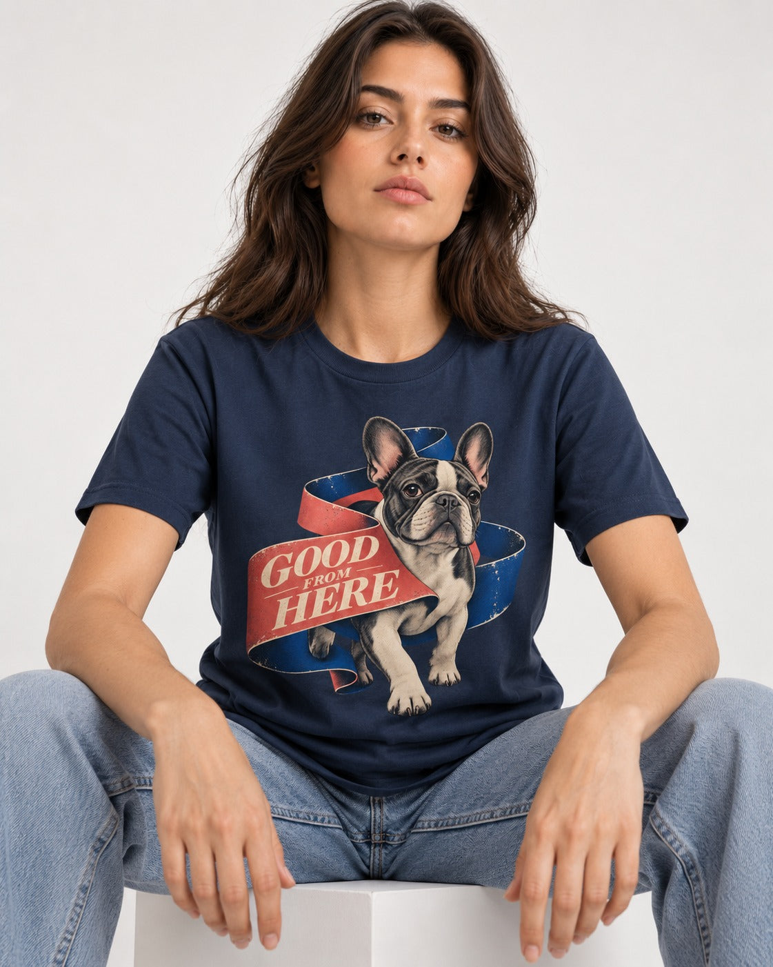 Frenchie Good From Here Ribbon Graphic T-Shirt in Navy, worn by a seated model